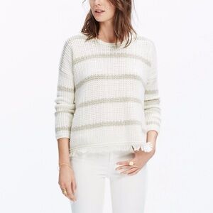 Madewell Striped Fringe Boxy Knit Sweater Crew Neck White Gray Size S